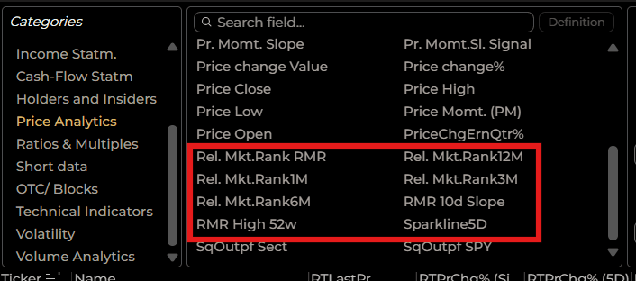 RMR fields in Screener example