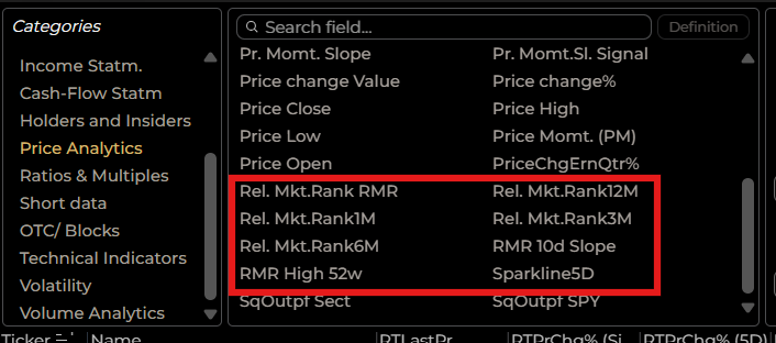 RMR fields in Screener example